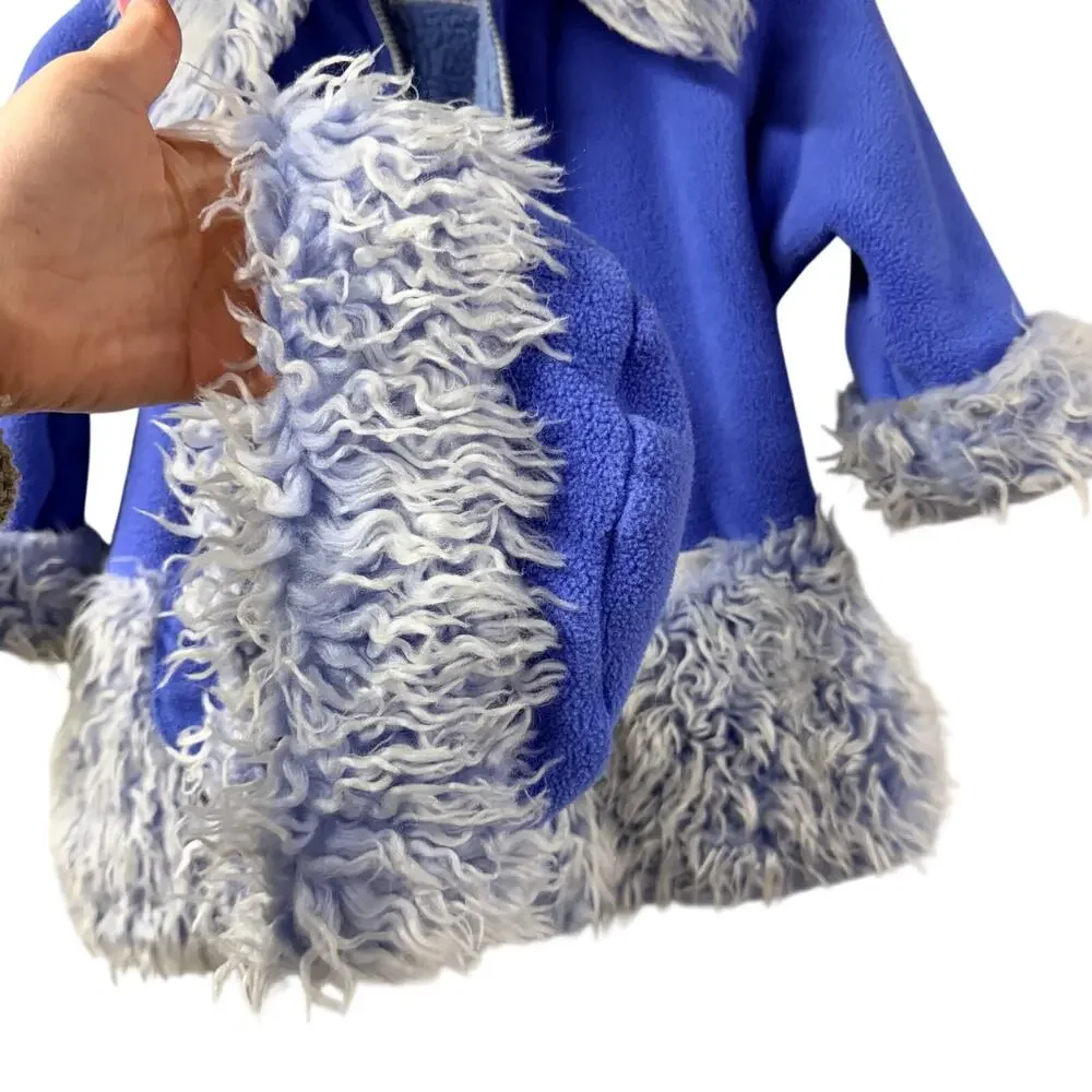 Corky & Company Jacket & Hat Set Vintage Blue Girls M/L Shaggy Faux Fur Trim